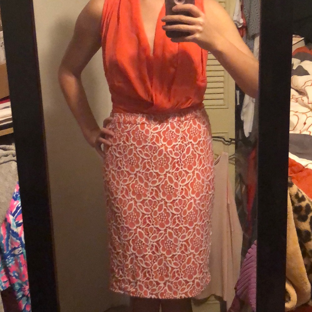 Coral pencil skirt and blouse